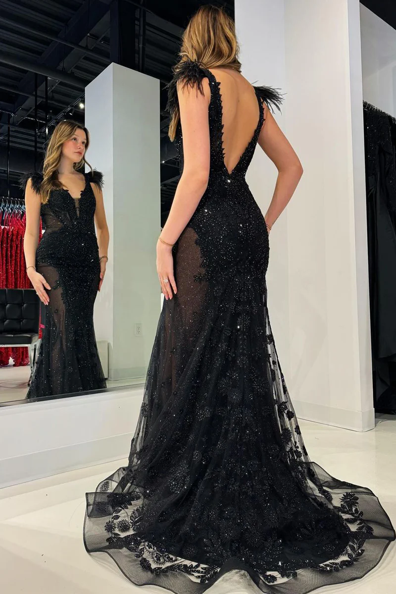 Black V Neck Sequin Lace Mermaid Long Prom Dresses