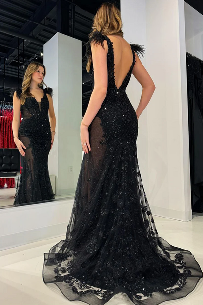 Black V Neck Sequin Lace Mermaid Long Prom Dresses