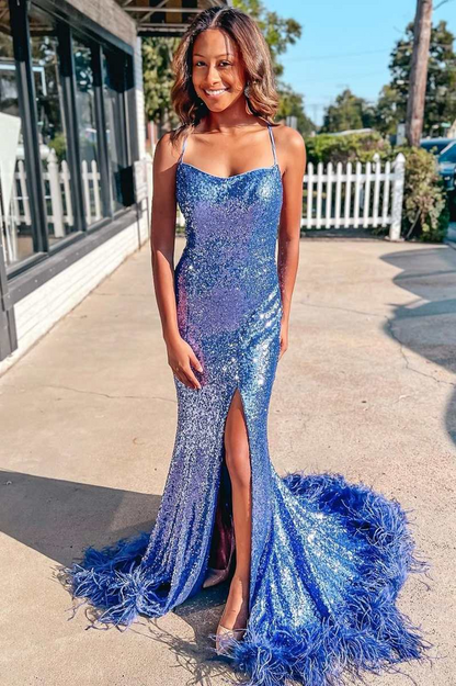 Blue Sequin Feather Lace-Up Back Long Mermaid Prom Dresses