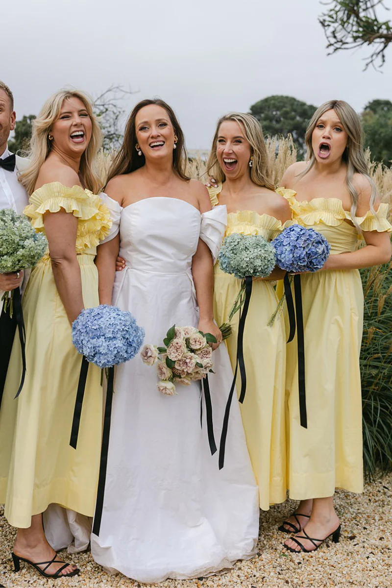 Yellow Off the Shoulder Ruffle Satin Ankle Length Bridesmaid Dresses,BD240802