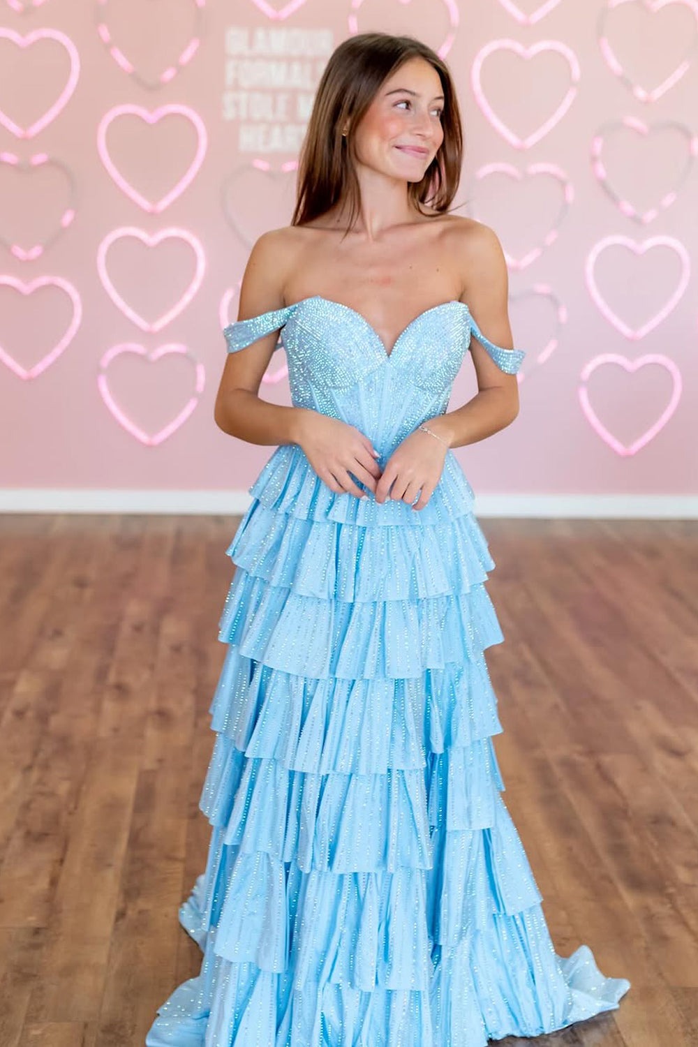 A-Line Off the Shoulder Light Blue Ruffle Tiered Long Prom Dresses