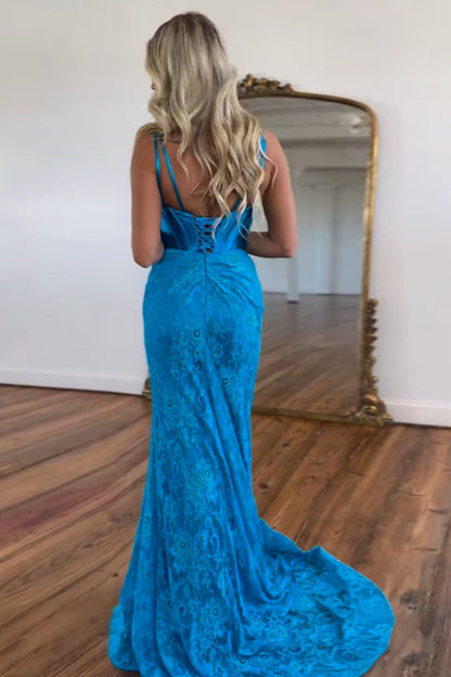 Charming V Neck Blue Lace Mermaid Prom Dresses