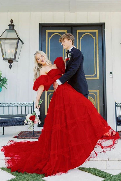 Red Strapless Ruffle Tiered Tulle Long Prom Dresses,BD93389