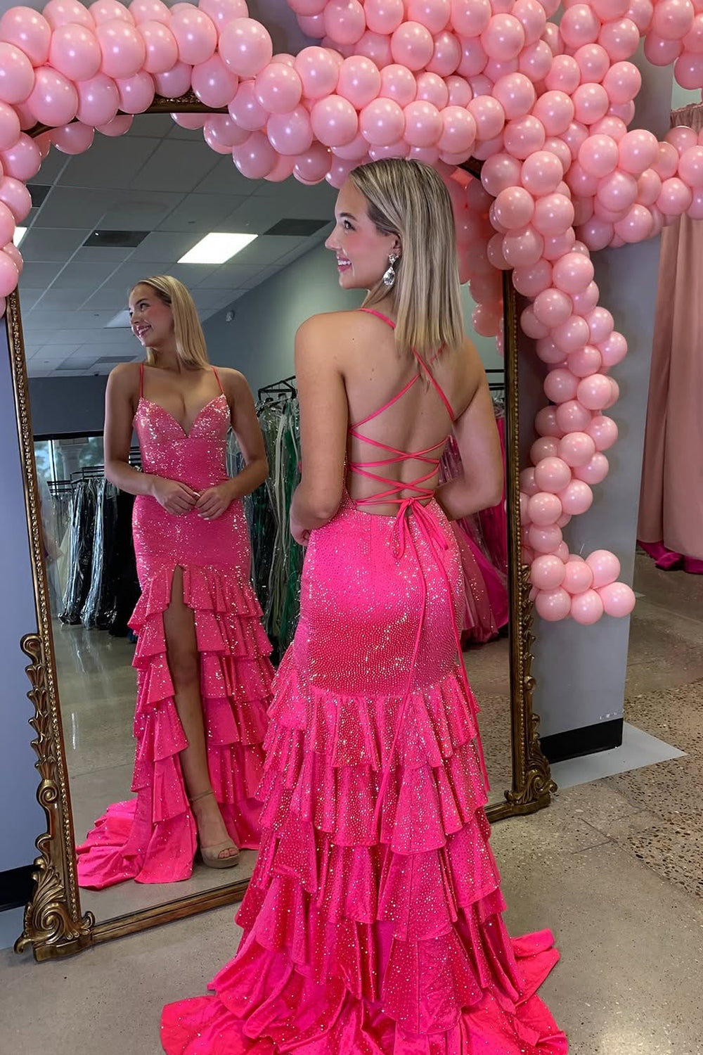 Mermaid V Neck Fuchsia Ruffle Tiered Long Prom Dresses