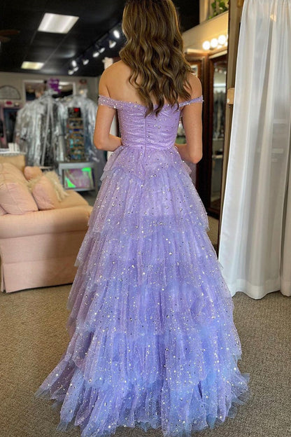 A-Line Tulle Off Shoulder Light Purple Tiered Long Prom Dresses