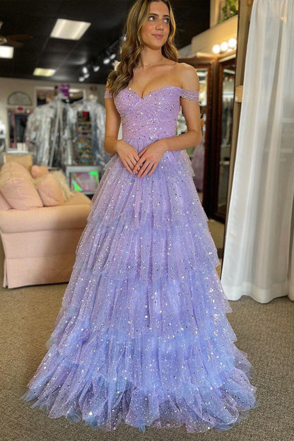 A-Line Tulle Off Shoulder Light Purple Tiered Long Prom Dresses