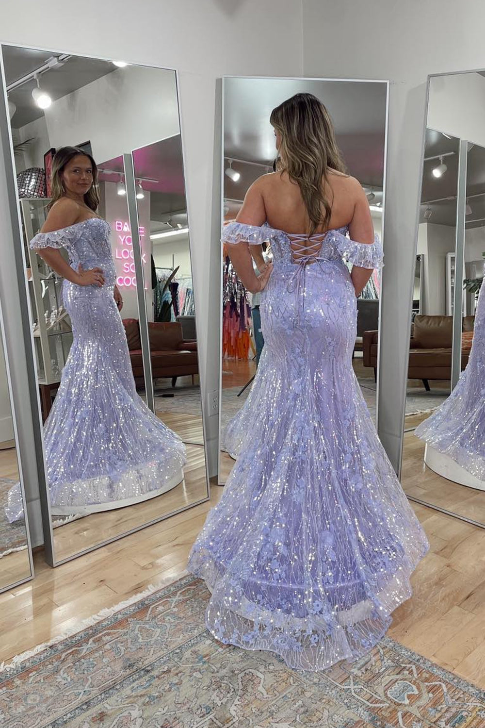 Mermaid Off the Shoulder Lavender Sequin Lace Prom Dresses