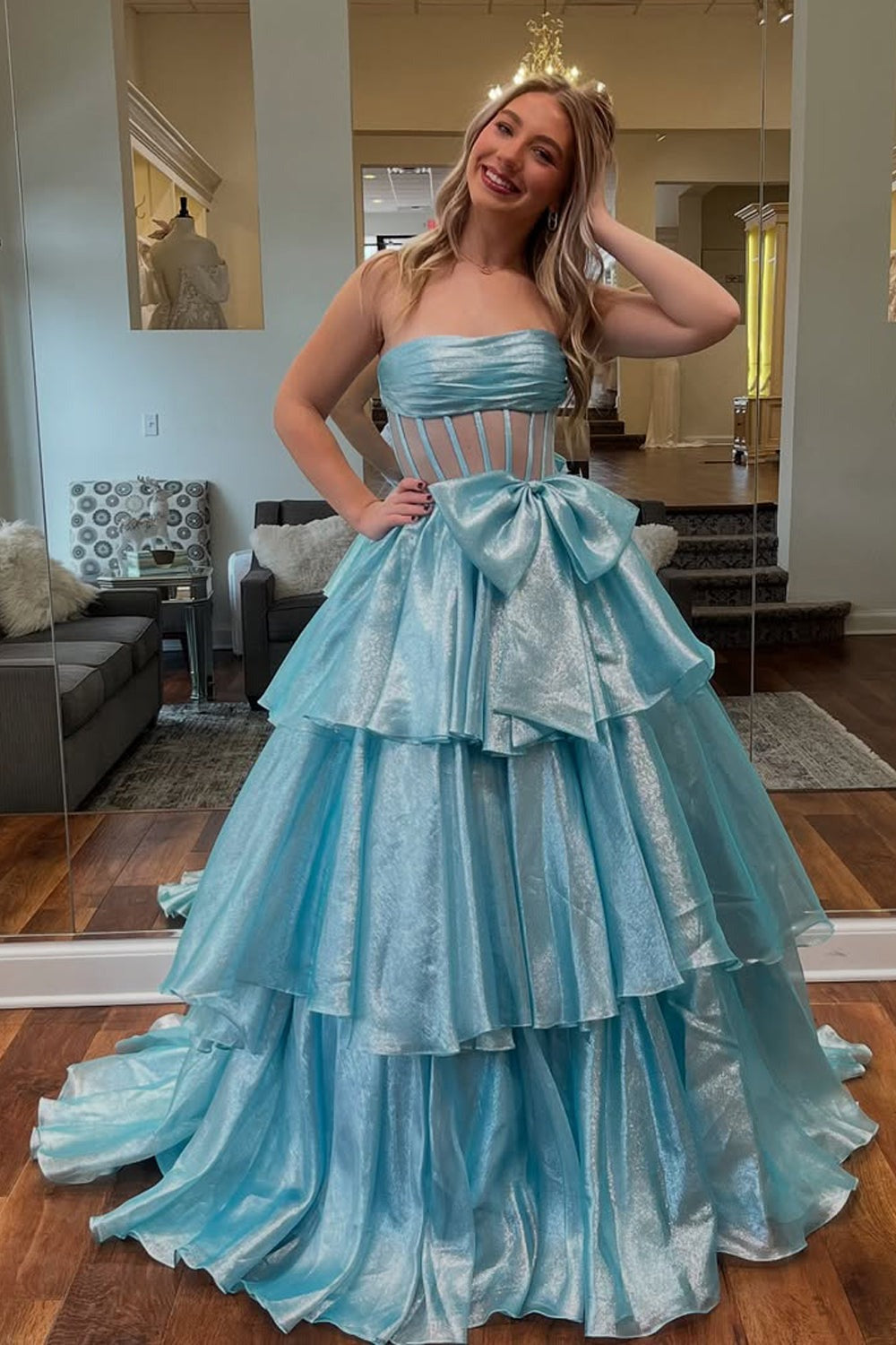 Ball Gown Strapless Organza Light Blue Prom Dresses