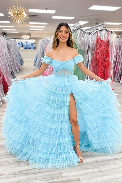 Light Blue Off the Shoulder Ruffle Tiered Long Prom Dresses