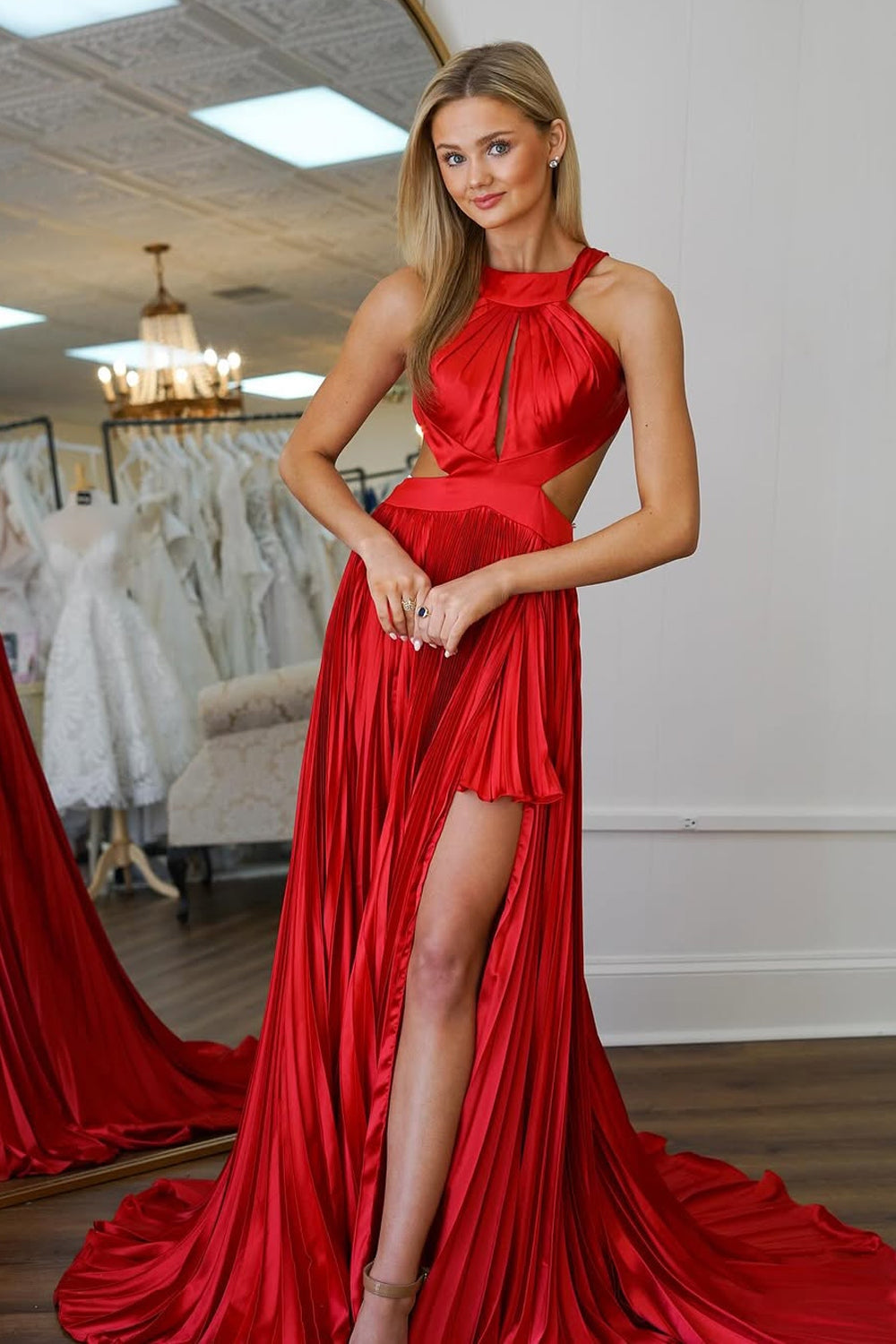 A-Line Halter keyhole Cutouts Red Satin Pleated Long Prom Dresses