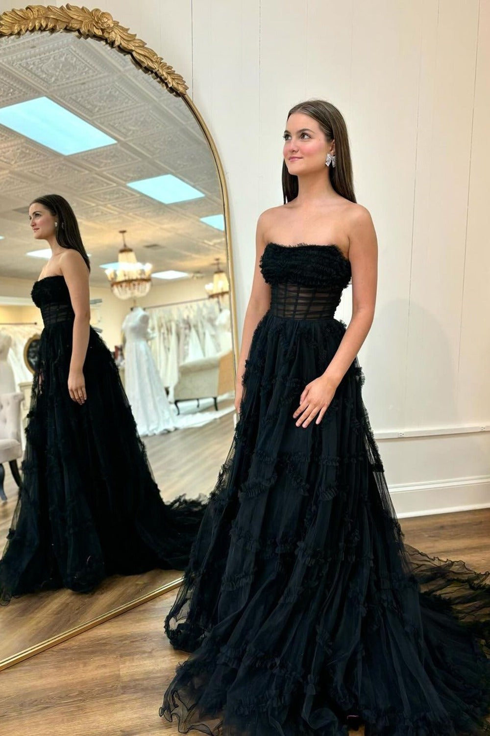 A Line Strapless Tiered Tulle Lone Black Prom Dresses