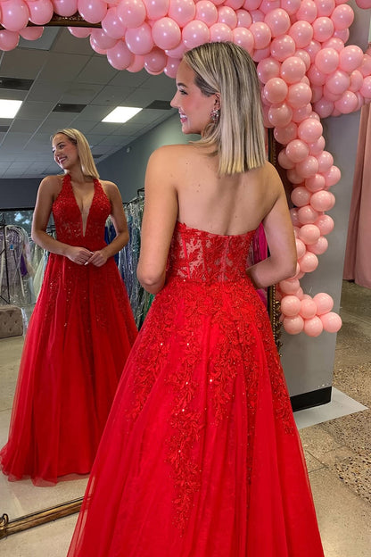 A-Line Halter Red Tulle Long Prom Dresses