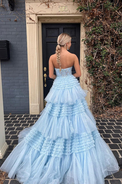 Blue Strapless Ruffle Tiered Tulle Long Prom Dresses