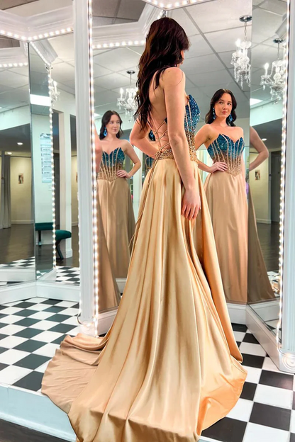 A-Line Strapless Gold Long Prom Dresses with Beadings