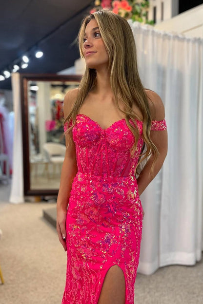 Mermaid Off the Shoulder Hot Pink Sequins Lace Prom Dresses