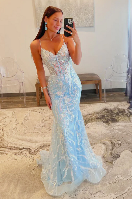 Light Blue Sequins Appliques V Neck Long Prom Dresses