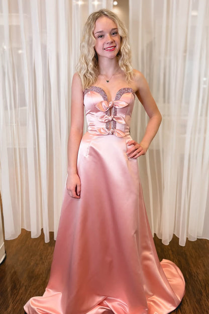 A-Line Strapless Pink Satin Long Prom Dresses