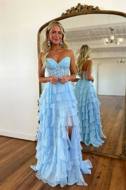 A Line Sweetheart Blue Chiffon Tiered Prom Dresses