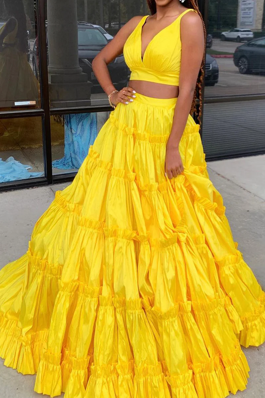 Yellow Two Piece Satin Long Prom Dresses