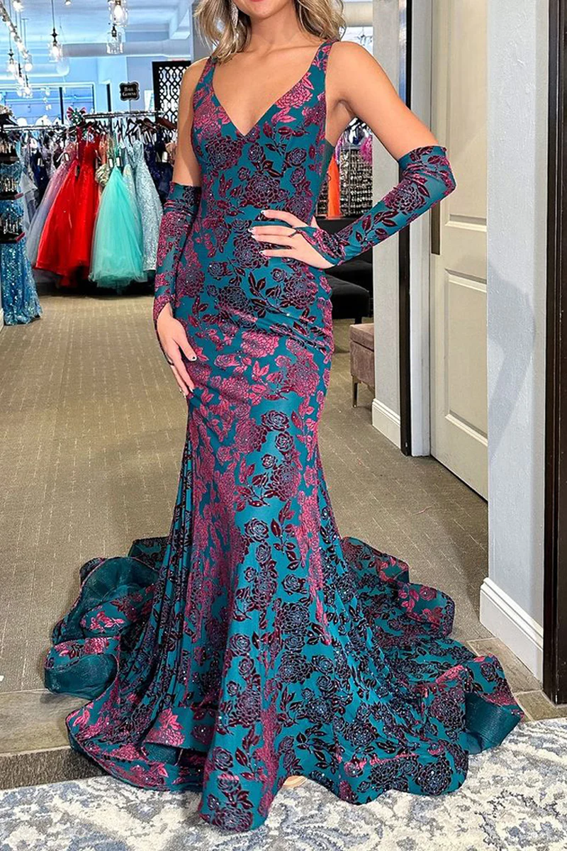 Mermaid V Neck Blue Backless Long Prom Dresses,BD93356