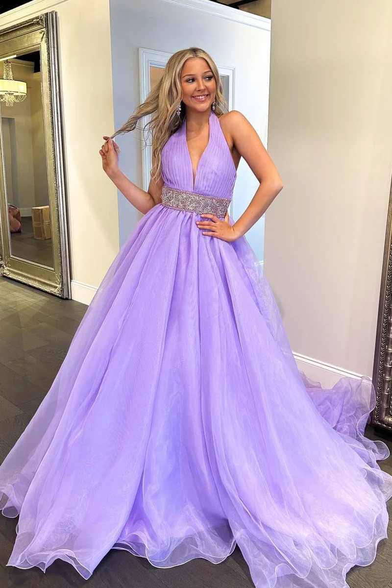 A-Line Halter Lilac Long Organza Prom Dresses