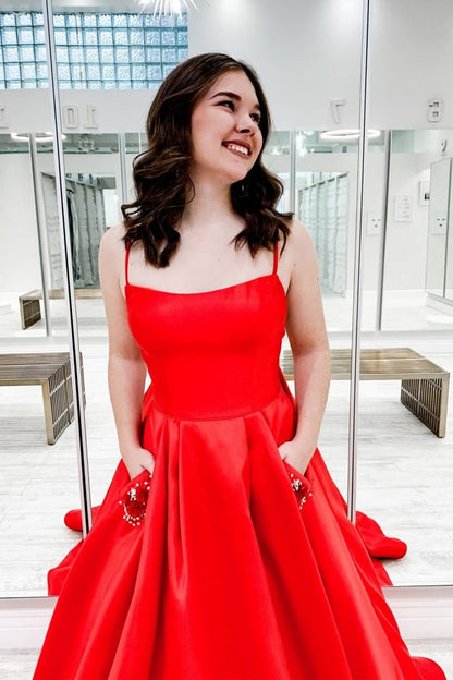 Red Scoop Neck Satin A-Line Prom Dresses