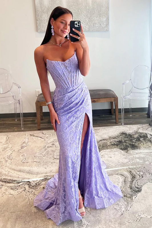 Lavender Lace Strapless Long Mermaid Prom Dresses