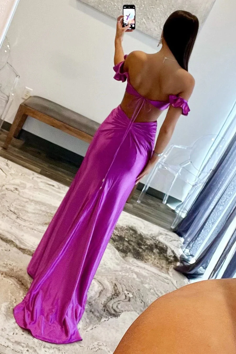 Violet Flutter Sleeve Cutout Mermaid Fitted Prom Dresses,BD93237