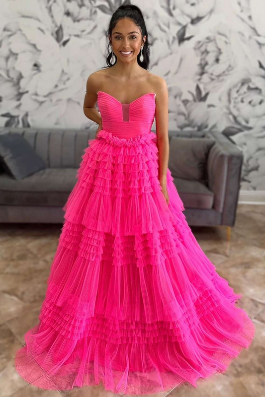 Hot Pink A-Line Strapless Tiered Tulle Prom Dresses