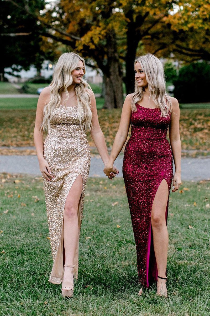 Champagne Sequins Scoop Neck Mermaid Long Prom Dresses