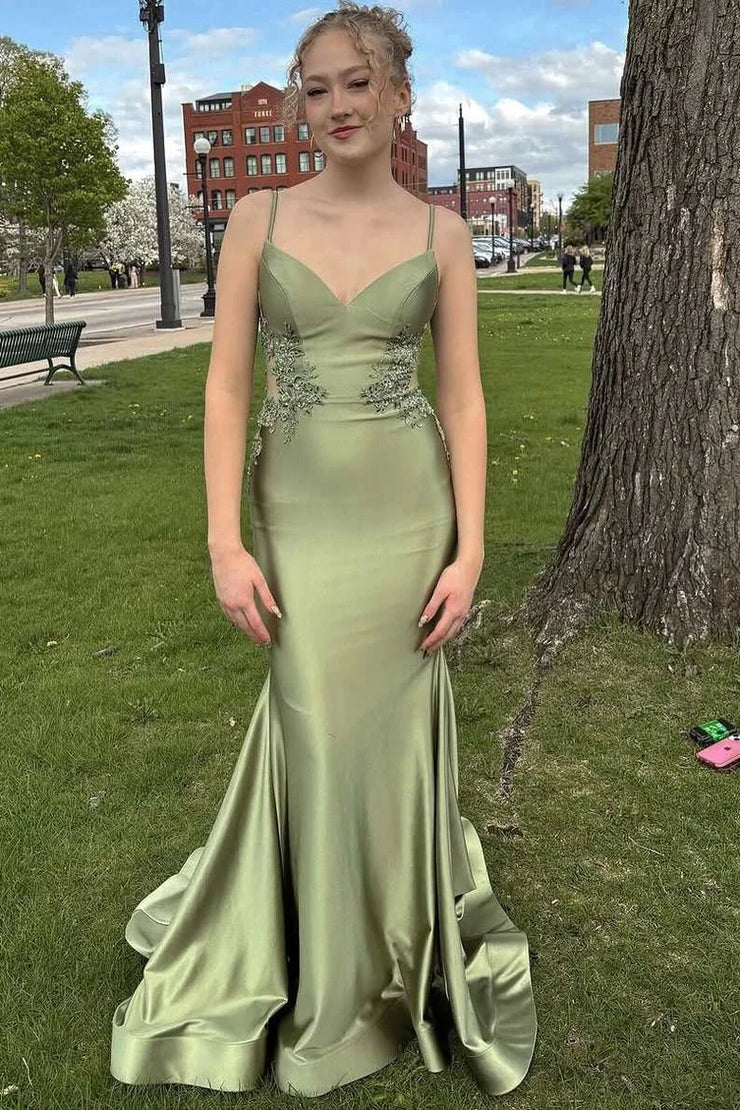 V Neck Sage Green Satin Mermaid Prom Dresses