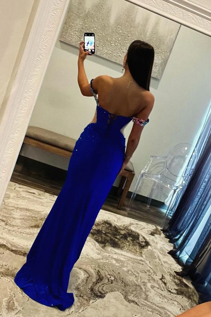 Royal Blue Off the Shoulder Beaded Long Prom Dresses,BD93336