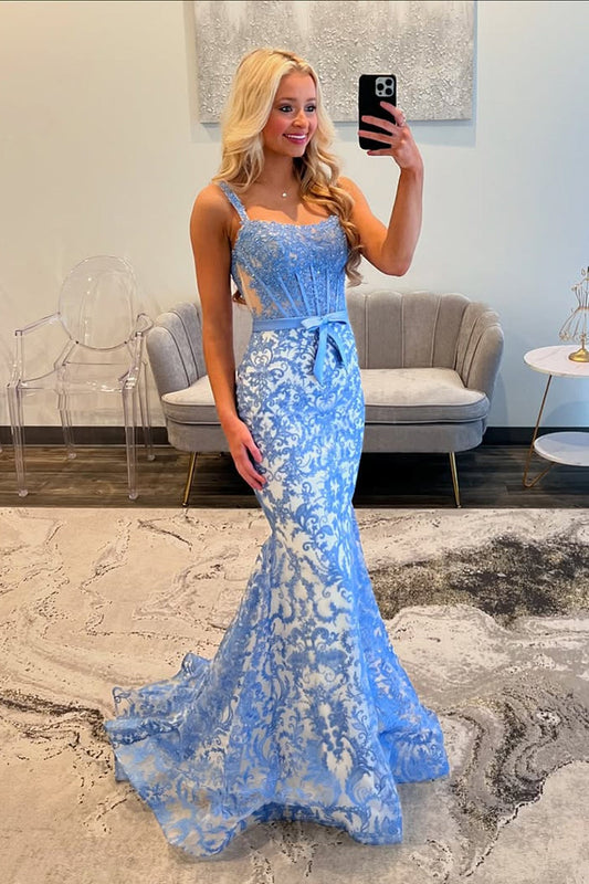 Gorgeous Mermaid Scoop Neck Blue Lace Prom Dresses