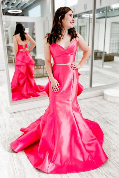 Pink V Neck Satin Two Piece Long Prom Dresses