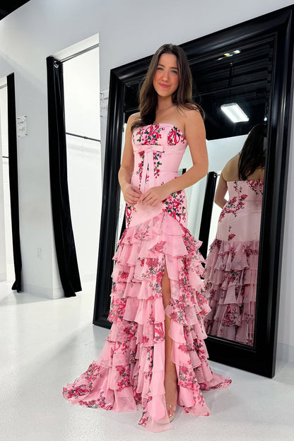 Sheath Strapless Floral Printed Ruffle Tiered Chiffon Prom Dresses