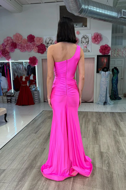 Fuchsia One Shoulder Cutout Mermaid Long Prom Dresses