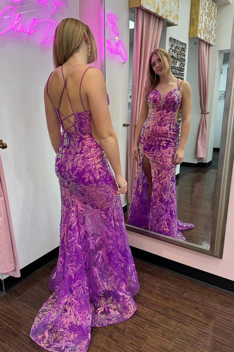 Purple Sequins Lace Mermaid Long V Neck Prom Dresses