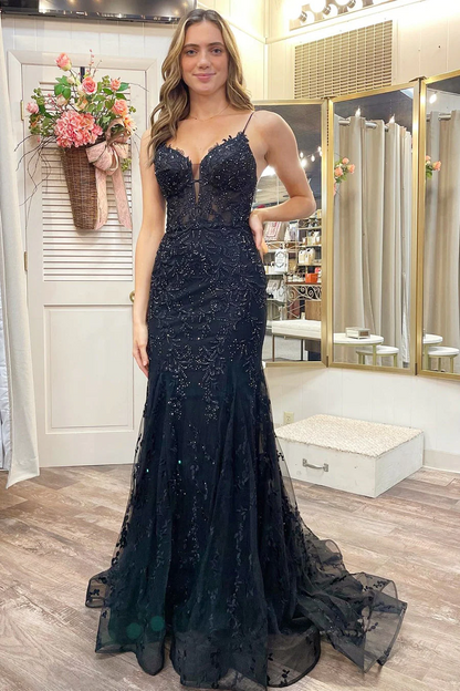 Black Appliques Plunge V Lace-Up Trumpet Prom Gown