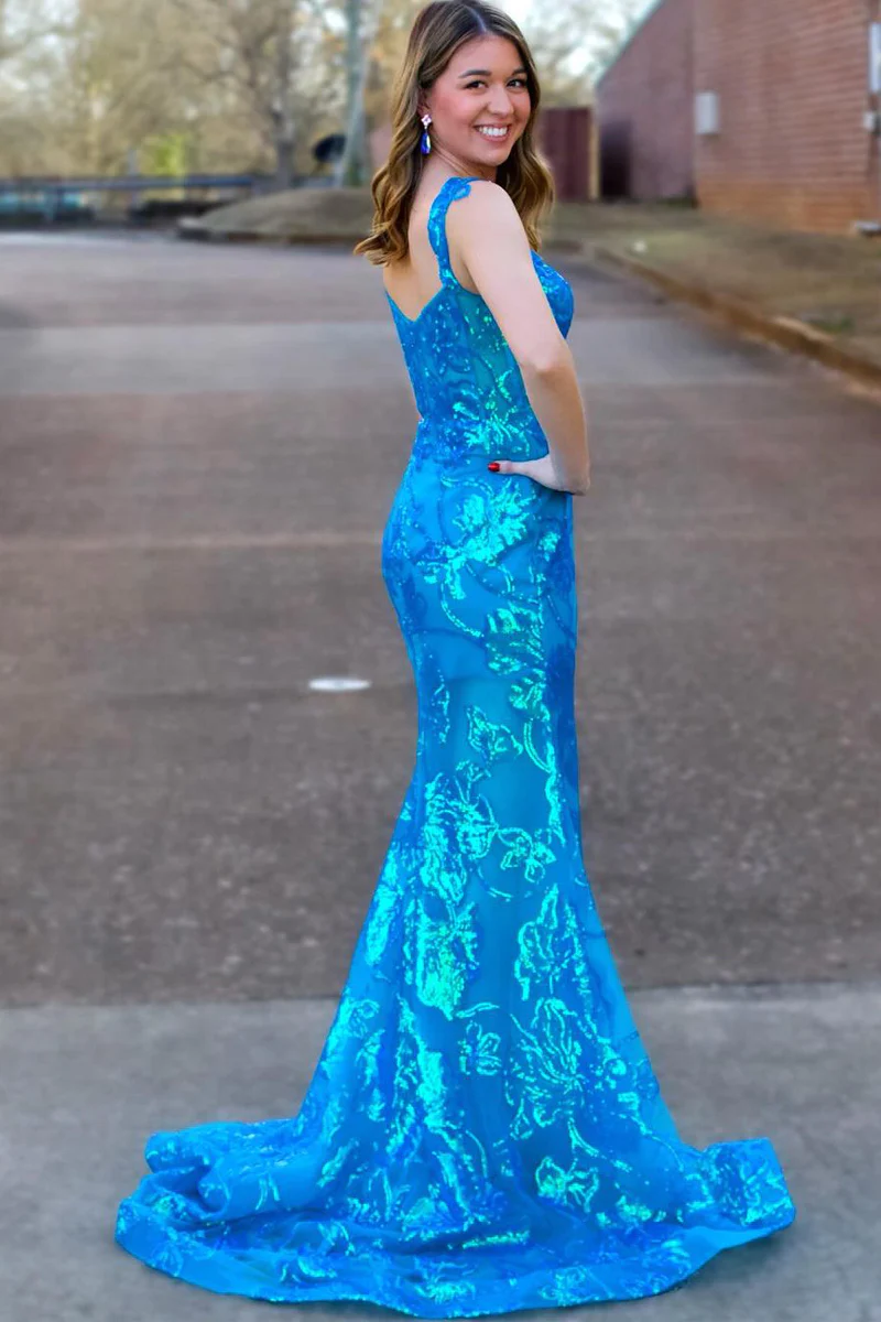 Blue Sequins Mermaid Long Lace Prom Dresses