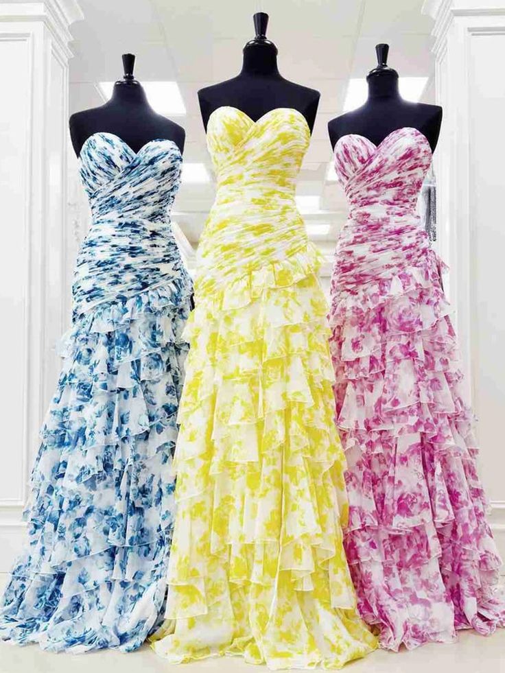 Fairy Sheath Sweetheart Floral Chiffon Tiered Long Prom Dresses