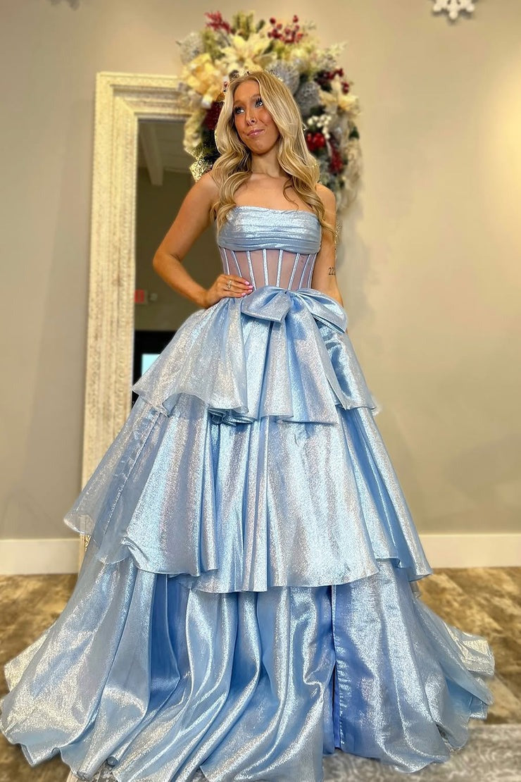 Ball Gown Strapless Light Blue Organza Prom Dresses