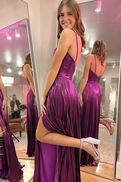 Magenta Spaghetti Straps Pleated A-Line Long Prom Dresses