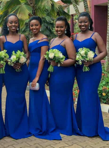 African Satin Blue Mermaid Bridesmaid Dresses Spaghetti Straps Wedding Guest Dress