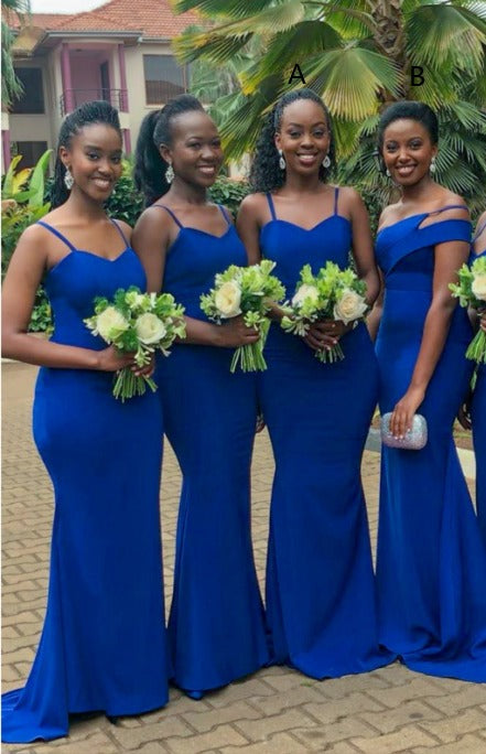 African Satin Blue Mermaid Bridesmaid Dresses Spaghetti Straps Wedding Guest Dress