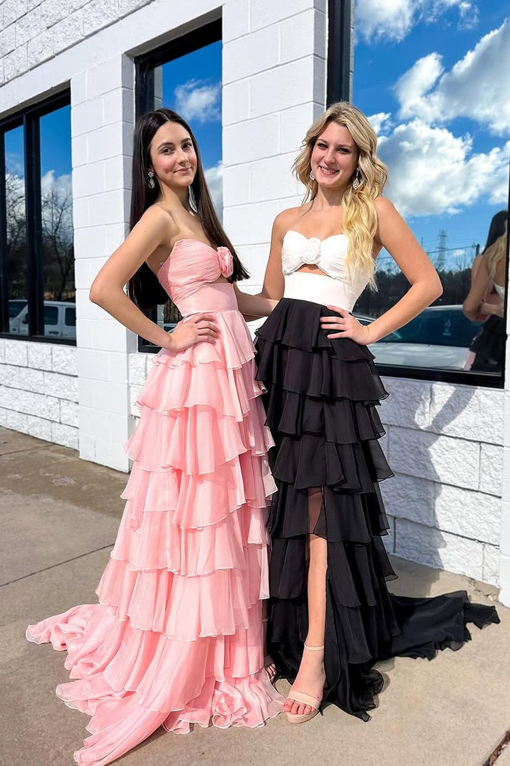 A Line Sweetheart White Black Chiffon Tiered Long Prom Dresses