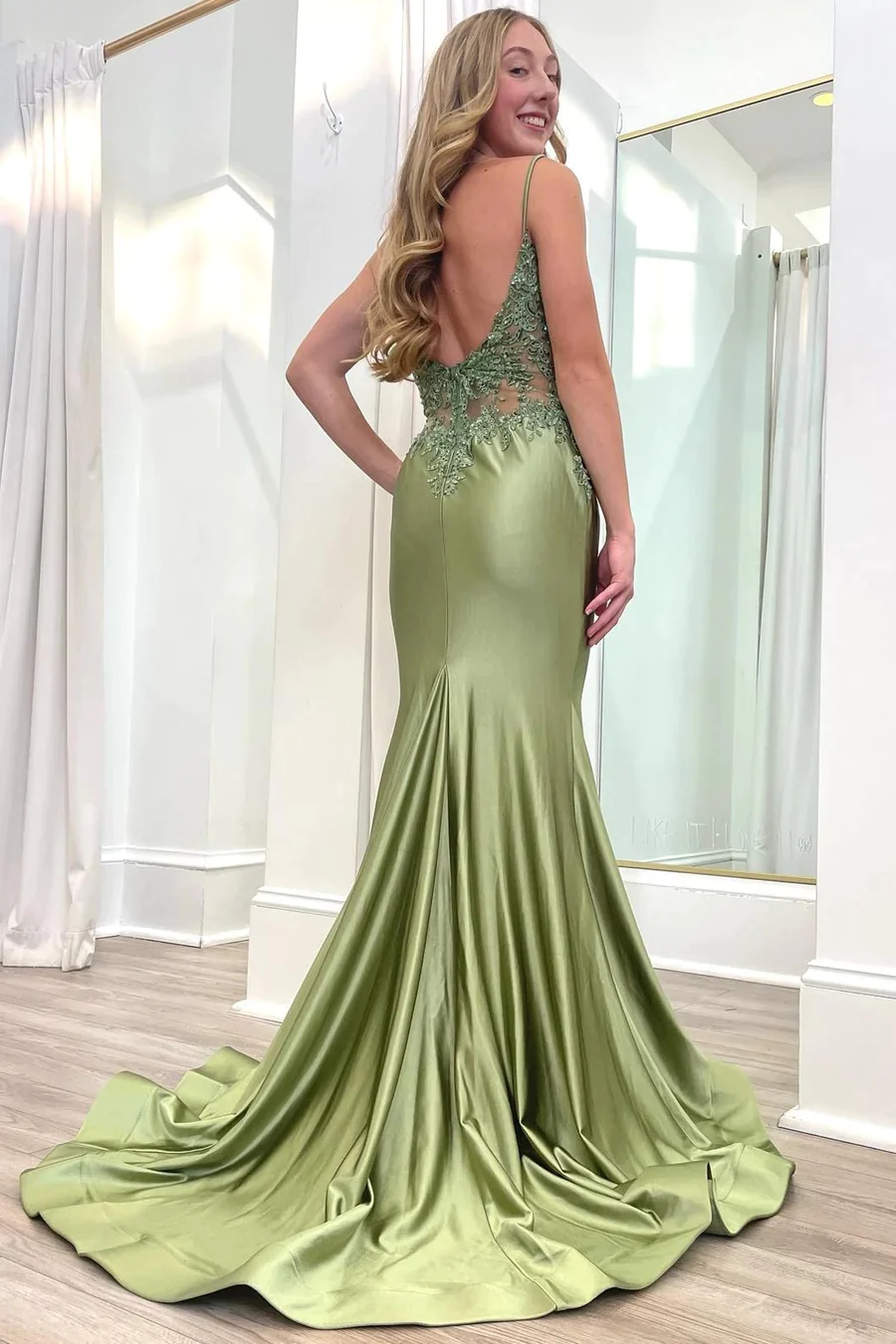 Sage Green Spaghetti Strap Backless Trumpet Long Gown