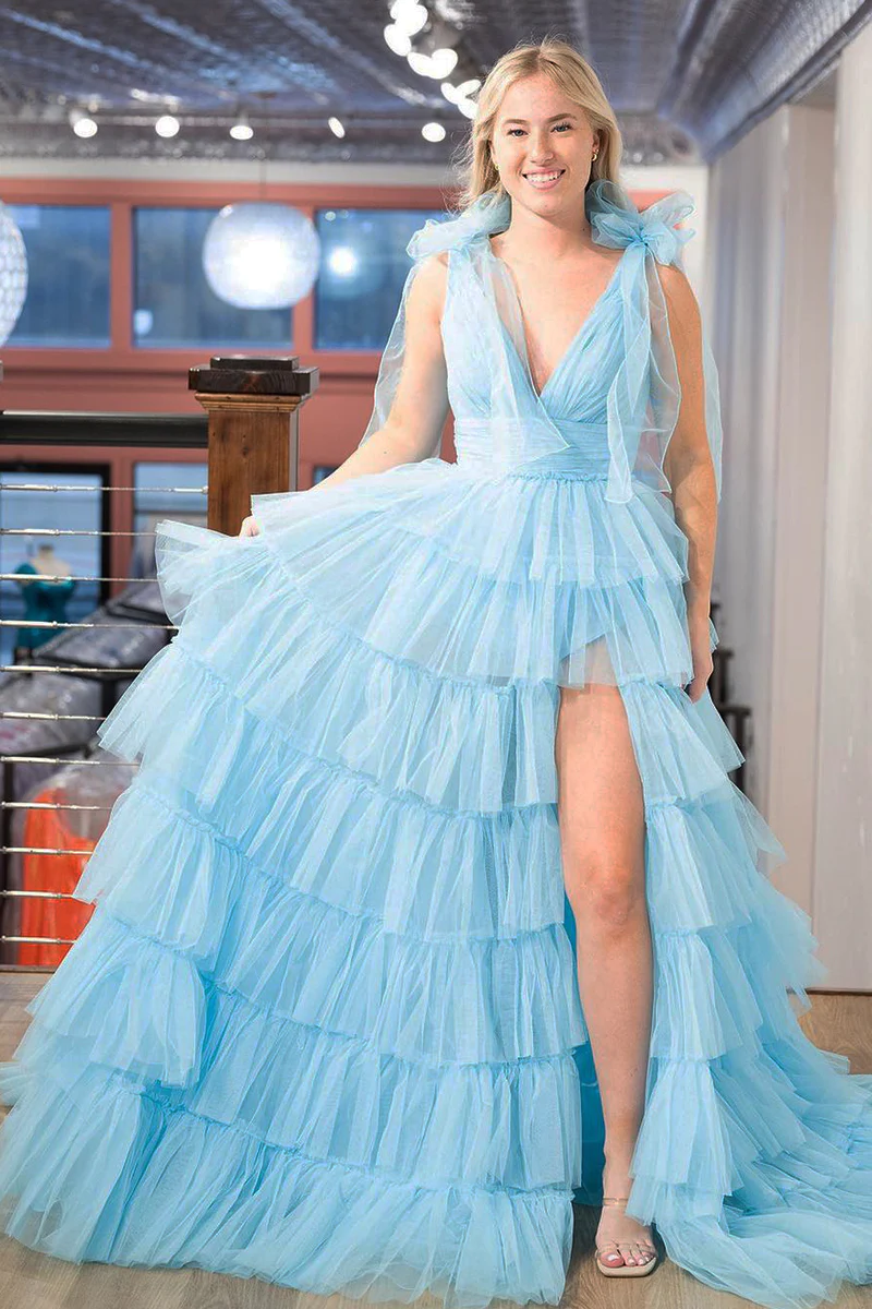 Light Blue Tulle  Deep V Neck Tiered Long Prom Dresses