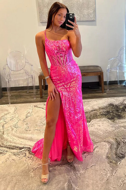 Mermaid One Shoulder Fuchsia Sequins Lace Long Prom Dresses