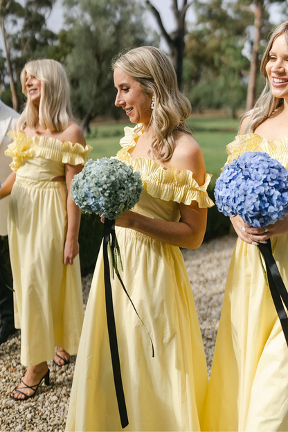 Yellow Off the Shoulder Ruffle Satin Ankle Length Bridesmaid Dresses,BD240802