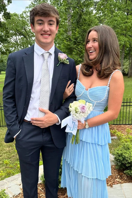 A Line Sweetheart Light Blue Pleat Chiffon Long Prom Dresses